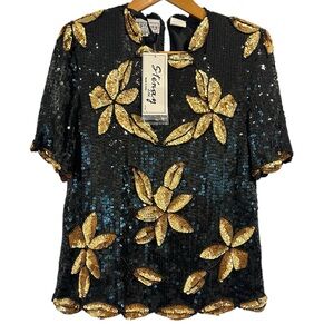 NWT Vintage 90s Stenay Black Gold Floral Full Sequin 100% Silk Top Blouse Small